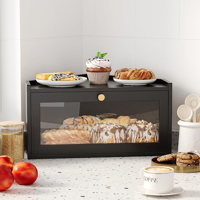 Trironsun Corner Bamboo Bread Box for Kitchen Counter Large Rustic Bread Storage Container with Acrylic Door Space-Saving Vintage Bread Keeper for Homemade Bread (Black) - Image 6