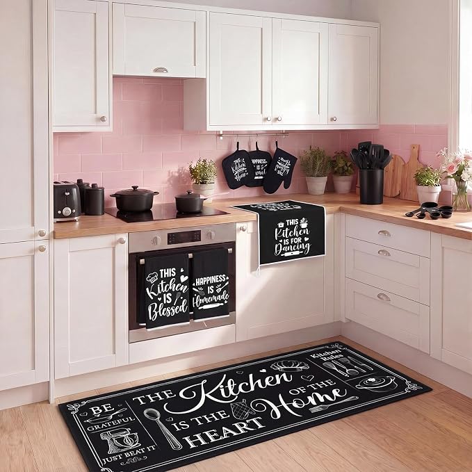 Fourluoo 30 Pcs Farmhouse Kitchen Decor and Utensils Set Rustic Kitchen Towels and Rugs Oven Mitts and Pot Holders Non Toxic Black Silicone Utensils Set Heat Resistant Dishwasher for Cooking - Image 5