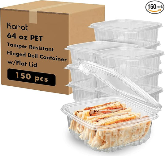 Karat 64oz PET Tamper Resistant Hinged Deli Container [150 ct] - Plastic Clamshell Food Containers, Easy Open Pull-Tab for Restaurants & Takeout by Karat