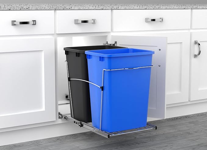 Rev-A-Shelf Double Pullout Garbage Trash Cans for Kitchen Cabinets, 35 Qt | Large Capacity Waste/ Recycling Bins, Heavy Gauge Wire Construction, with Full Extension Slides, Blue/Black, RV-18KD-2218C-S - Image 6