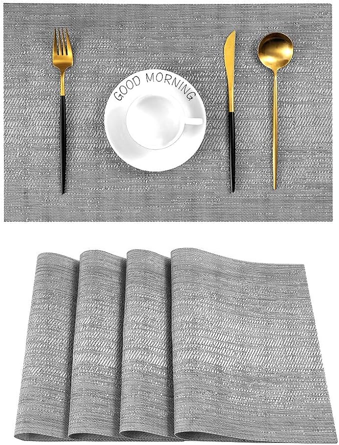 Leetaltree Grey Placemats, Heat Resistant Non-Slip Place mats for Dining Table, Washable Durable PVC Vinyl Woven Table Mats (Set of 4) by Leetaltree-ArtatEveryTable