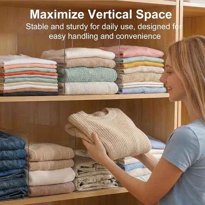 SortNStore Shelf Dividers Closet Organization: 10" Tall x 16" Deep (Deeper) | Acrylic Handbag Organizer - Deeper Cabinets Separator for Towels, Handbags, Seasonal Clothing Storage 8-Pack - Image 4