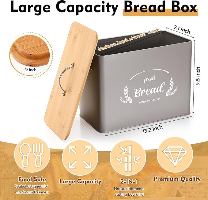 Qinyoung 2 Pcs Large Bread Box Set for Kitchen Countertop with Ceramic Butter Dish Holder Bamboo Lid Knife Metal Bread Holder Farmhouse Kitchen Storage Container for Home Housewarming Gift(Grey) - Image 2
