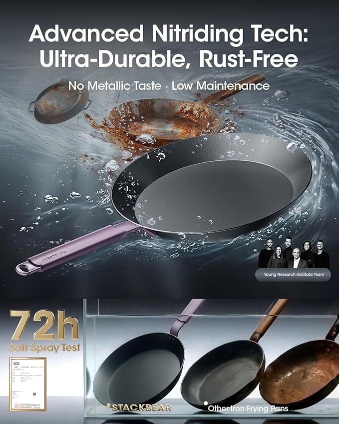 Carbon Steel Skillet 12 Inch, Nitrided Steel Frying Pan, Preseasoned Rust Resistant Large Cooking Pan with Ergonomic Handle & Removable Silicone Grip, Induction & Oven Safe | Natural Patina Development with No Chemical Coating; Spacious Cooking Surface... - Image 3