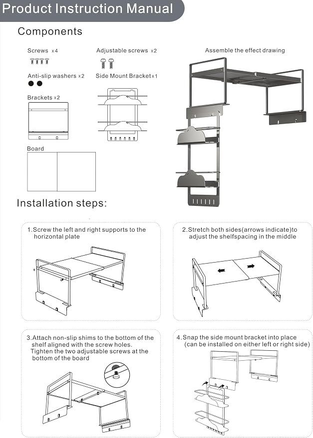 Adjustable Over The Fridge Organizer Side Magnetic Spice Rack,12.4"-23.62" Expandable Top Shelf with Hook & Magnetic Dual Fixed Spice Rack, Fits Most Large Kitchen Laundry Appliances,Dark Grey - Image 7