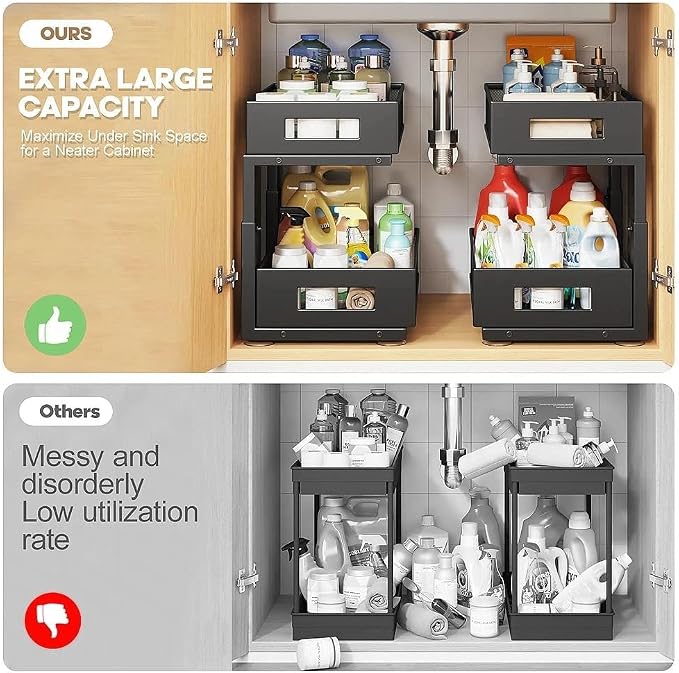 Under Sink Organizer, 2-Tier Dual Pull Out Cabinet Organizer Drawers With Smooth Circular Rail, Large Capacity Metal Mesh Sliding Shelves For Bathroom& Kitchen Storage,Height Adjustable–Black,1 Pack - Image 3