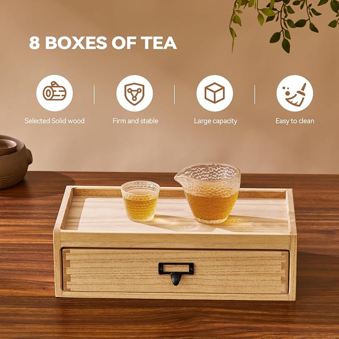 KIRIGEN Paulownia Wood Tea Storage Box, 8 Compartments, Natural CYG-NA | 8-Section Desk Cabinet Organizer with Metal Handle Stores Tea Bags, Sachets, Coffee Packets, Sugar, and Small Tea Accessories - Image 2