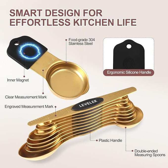 16-Piece Magnetic Measuring Cups and Spoons Set, Stainless Steel, Gold | 7 Silicone-Grip Cups, 8 Metal Spoons, 1 Leveler, US and Metric Marks for Dry & Liquid Ingredients, Kitchen Essentials Gadgets - Image 2