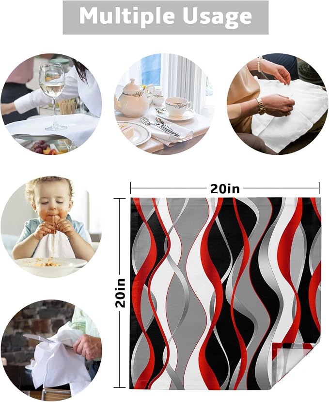 Red Ombre Cloth Napkins Set of 8, Black White Grey Abstract Wavy Line Dinner Napkins Cloth Washable, Cocktail Napkins Reusable for Wedding, Party, Birthday (20"x20") - Image 5