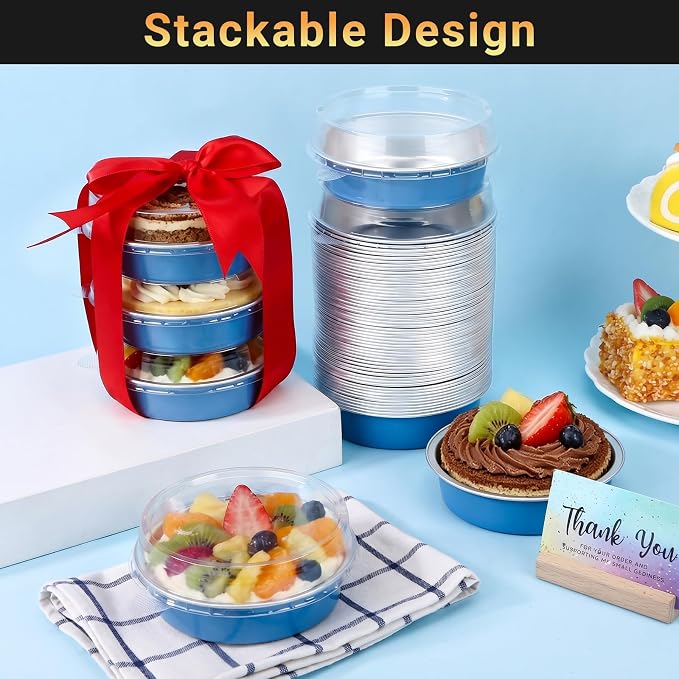 Beasea Mini Tart Pans with Lids 50 Pack, 4" 7.3oz Disposable Aluminum Foil Baking Tins Cups Round Pie Container for Individual Cupcake Dessert Muffin Cheesecake Quiche - Zebra Stripes - Image 4