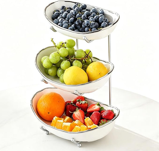 3-Tier Fruit Bowls for Kitchen Counter,Ceramic White Bowl with Sliver Metal Stand,3 Tier Fruit Basket for Fruit,Snack,Cake,Nuts,Dessert Storage by Afeyibu