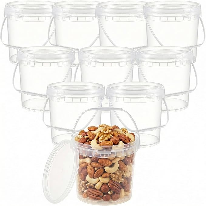 10 Pack 0.5 Gallon / 64 oz / 2 L Clear Plastic Bucket with Handle and Lids Food Storage Containers Freeze Safe Ice Cream Tubs for Deli Kitchen Drinks Home by Unknown