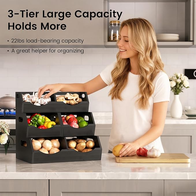 Potato Storage Bins Onion, 3 Tier Bamboo Pantry Storage Bin Stackable Ventilated Organizer for Kitchen, Pantry, Countertop, Bathroom, Black - Image 2