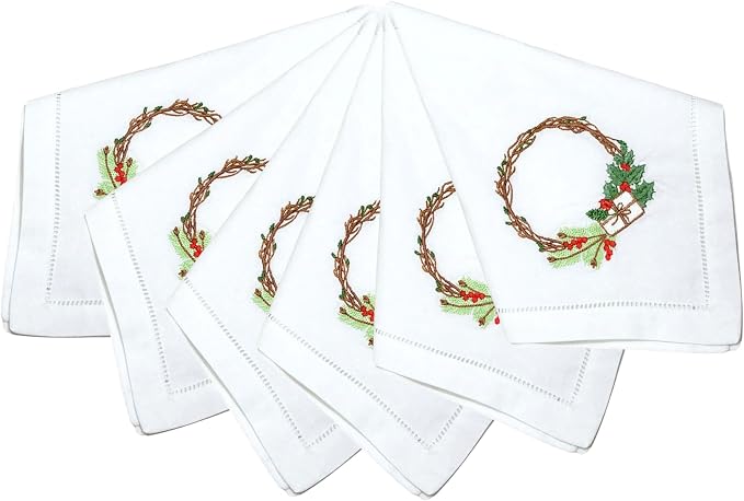 – Embroidered Cloth Napkin Holly Christmas Wreath & Gift Box Cotton Napkins Set of 6, 20 x 20”, Hemstitch Table Napkins, Machine Washable, Daily & Holidays, Great Gift Ideas by Unknown