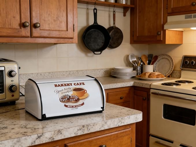 Metal Bread Box for Kitchen Countertop, White Roll Top Bread Bin | Stainless steel with smooth roll-top lid, the vintage bread box keeps homemade bread fresh while organizing countertop - Image 6