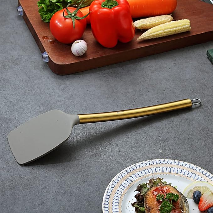 Berglander Non-stick Silicone Solid Turner, Titanium Gold Plating handle, Barbecue Spatula for Cooking, Dishwasher Safe, Easy to Clean - Image 4