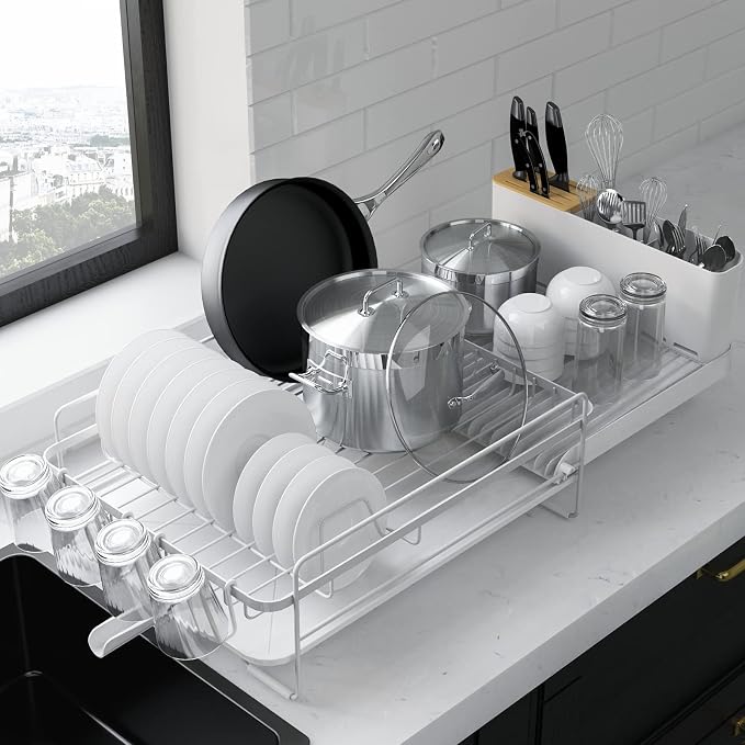Kitsure Extendable Dish Drying Rack, 19.2"-26.7" L x 12.9" W, White | Large Dish Rack, Multifunctional Dish Rack for Kitchen Counter, Anti-Rust Dish Drainers with Cutlery & Cup Holders by Kitsure