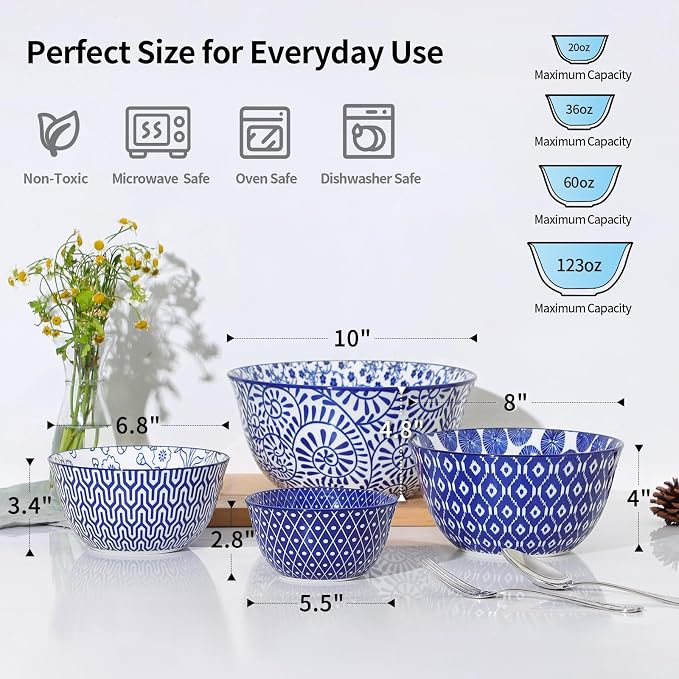 Selamica Ceramic Mixing Bowls, Nesting Bowls Set of 4 for Mixing, Baking, Prepping, Cooking, Salad, 20/36/60/123 oz, Microwave & Dishwasher Safe, Vintage Blue - Image 3