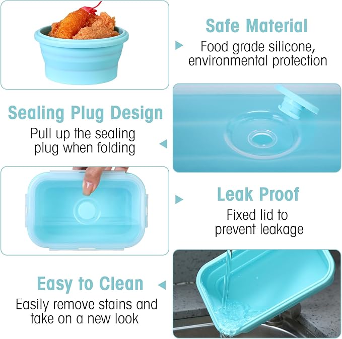 Yaomiao 16 Pack Collapsible Food Storage Containers with Lid Air Vent Foldable 8 Rectangle Storage Bowl and 8 Round Silicone Food Bow for Lunch Camping Rv Accessories Microwave Freezer(Blue) - Image 3