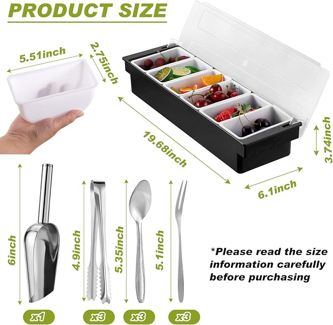 Tessco for you Garnish Tray with Lid Bar Caddy Ice Cooled Condiment Serving Container with Ice Scoop Metal Mini Serving Tongs Fruit Fork Spoons for Food Home Party Kitchen(Plastic,6 Grids) - Image 2