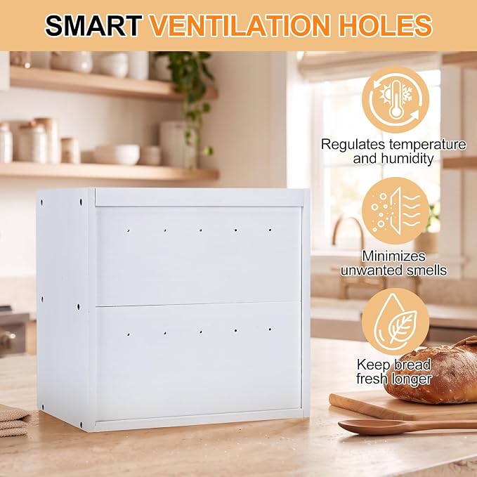 Alpeir Wooden Bread Box for Kitchen Countertop, Large Double Layer, White | Food-Safe Pine Wood, Double-Row Ventilation, Strong Acrylic Window, Raised Top Shelf, Easy Care, Farmhouse Corner Container - Image 5