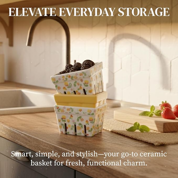 Ceramic Berry Basket Set of 4, Farmhouse Fruit Colanders | Yellow, white and floral designs, stoneware, dishwasher safe, drains and stores berries, farmhouse kitchen decor - Image 2