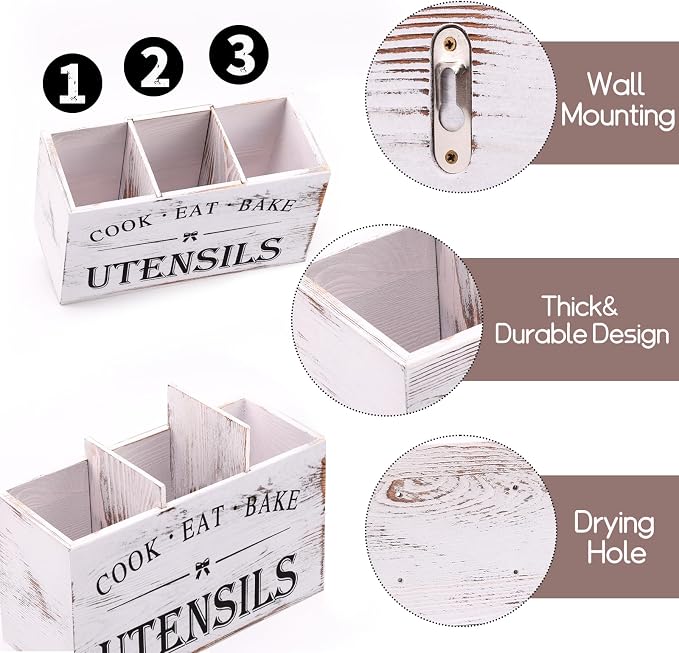 Kitchen Utensil Holder for Counter or Countertop, Extra Large Wood Organizer with 3 Compartments, Wooden Storage for Cooking and Silverware, Rustic Minimalist Decor, Sturdy Utensil Crock-White - Image 6