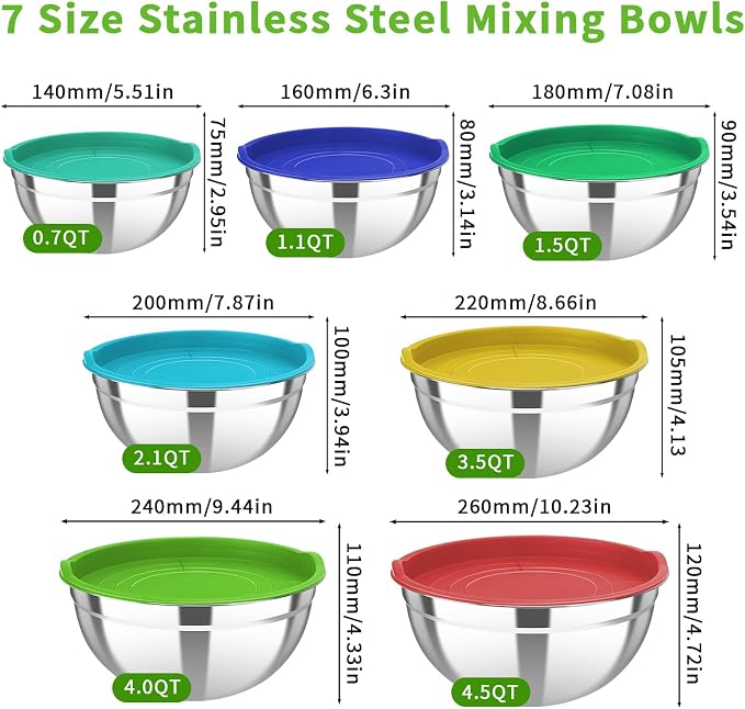 7 Pcs Stainless Steel Mixing Bowls with Colorful Lids Set Metal Salad Bowls | Nesting Design for Kitchen Mixing/preping/Saving, Size: 0.7, 1.1, 1.5, 2.1, 3.5, 4, 4.5Qt - Image 2