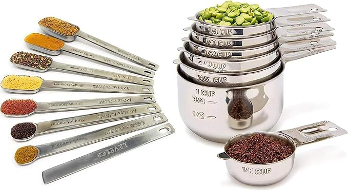 Measuring Cups and Spoons Set of 15, Stackable Cups, Long Handle with Leveler Fits Narrow Jars, 304 Premium Stainless Steel, Kitchen Gadgets for Liquid & Dry Ingredients Cooking Baking by SimplyGourmet