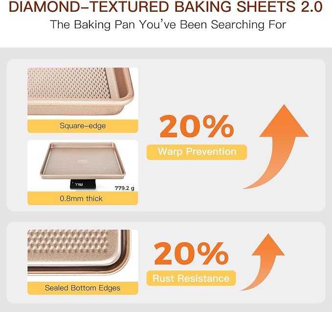 3 Pack Gold Nonstick Baking Sheet Pan Set with Oven Mitts Heat Resistant, Non-Toxic Half/Quarter/Jelly Roll Pans with Diamond Texture Pattern, Heavy Duty 0.8mm Thick Cookie Trays for Cooking - Image 3