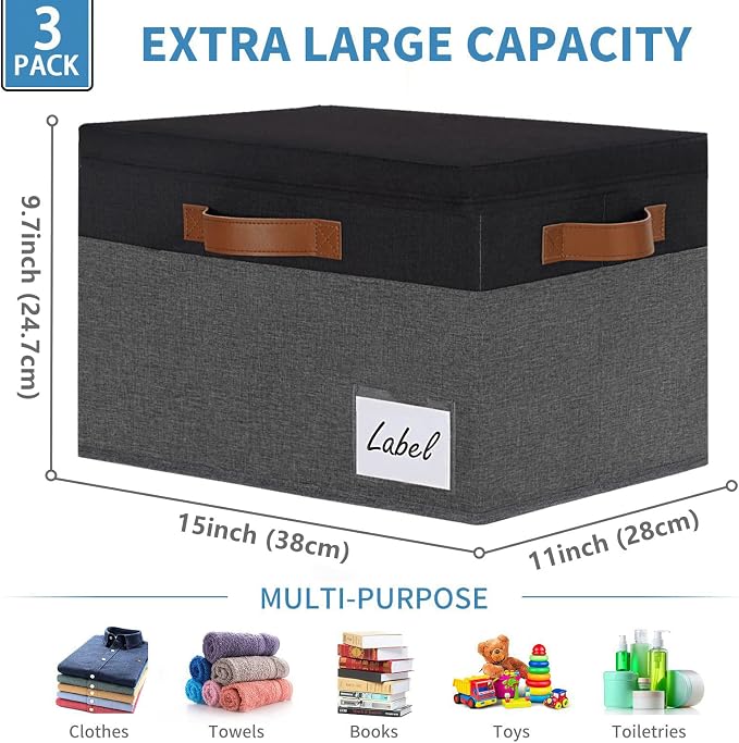 GhvyenntteS Fabric Storage Bins with Lids 3 Pack, Closet Storage Boxes with Lid and 3 Handles, Foldable Storage Baskets with Lids and Label Window for Home Office (Grey&Black, 15" x 11" x 9.7") - Image 3