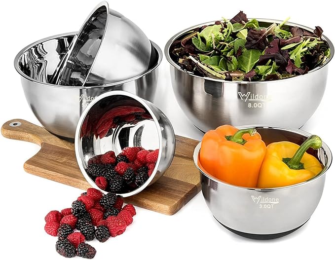 Wildone Mixing Bowls with Lids Set, Stainless Steel Mixing Bowls Set of 5 | Large Prep Metal Bowl Set with Non-slip Bottoms, Size 8, 5, 3, 2, 1.5 QT, Airtight Lids, Thicker Stainless Steel - Image 4