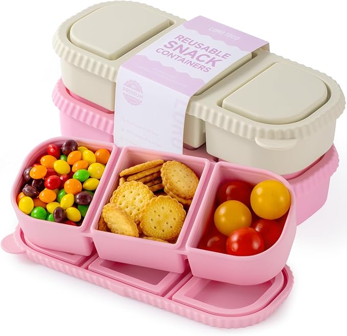 2Pack Silicone Reusable Snack Containers with Lids | Small 3-Compartment Snackle Box |Perfect for Kids Lunch, Sauce, Food Storage at School, Work, Travel by LOROTOCO