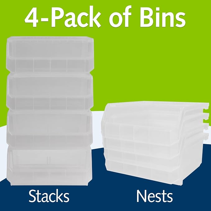 Medium-Wide Stackable Plastic Storage Bins, 4-Pack, Clear | Open-Front Stackable Bins For Garage, Pantry, Closet & Office, 11"L X 11"W X 5"H, Nests When Empty, Durable Plastic, - Image 3