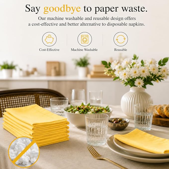 ALPHA Living HOME Cotton Cloth Napkins Set of 12, 18x18 Cotton Napkin Cloth Washable, Soft, Reusable Napkins for Wedding, Parties, Christmas, Thanksgiving, Everyday Use (Yellow) - Image 3
