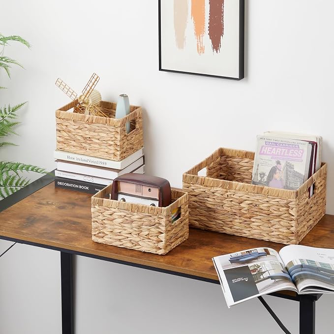 Wicker Basket, Set of 3 Hand-woven Storage Baskets for Organizing, Water Hyacinth Wicker Storage Basket Bins with Handles, Small Toilet Paper Storage Baskets for Shelves Pantry Baskets - Image 3