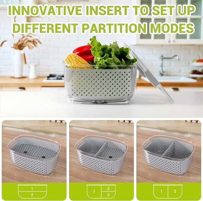 LUXEAR Fresh Produce Vegetable Fruit Storage Containers 3Piece Set, BPA-free Fridge Storage Container, Partitioned Salad Container, Fridge Organizers, Used in Storing Fruits Vegetables, Gray - Image 2