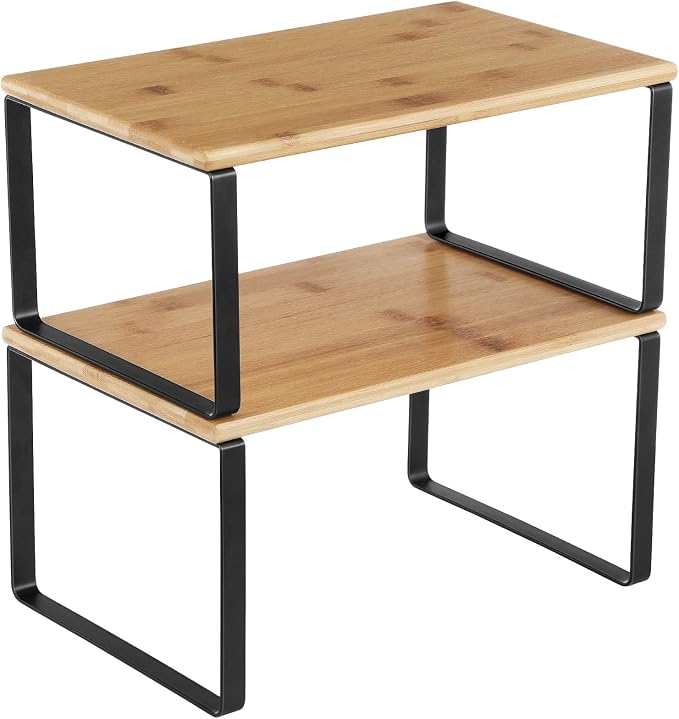 SONGMICS Cabinet Organizer Shelf, Set of 2 Kitchen Counter Shelves, Kitchen Storage, Spice Rack, Stackable, Expandable, Metal and Engineered Wood, 11.7 Inches, Ink Black and Natural Beige UKCS02NB by Unknown