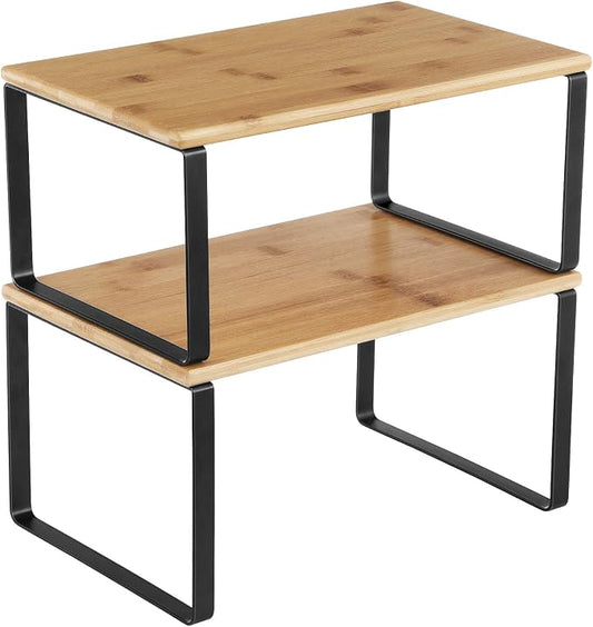 SONGMICS Cabinet Organizer Shelf, Set of 2 Kitchen Counter Shelves, Kitchen Storage, Spice Rack, Stackable, Expandable, Metal and Engineered Wood, 11.7 Inches, Ink Black and Natural Beige UKCS02NB by Unknown