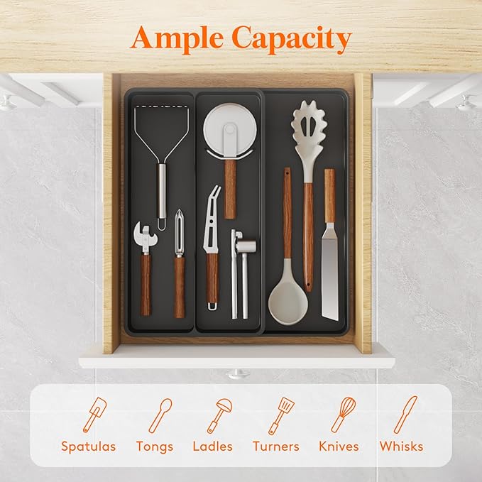 Lifewit Utensil Organizer for Kitchen Drawer, Expandable Cooking Silverware Tray, Adjustable Cutlery Flatware Holder, Plastic Spatula Tools Storage Divider, 14.4 x 15.8", Black - Image 2