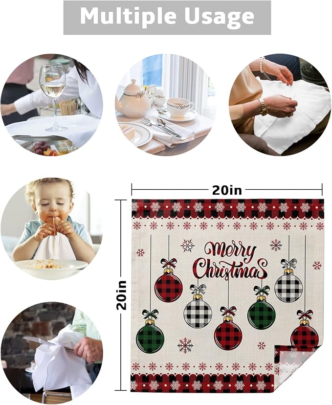 Christmas Cloth Napkins Set of 8, Plaid Xmas Balls Snowflake Red Lace Burlap Dinner Napkins Cloth Washable, Cocktail Napkins Reusable for Wedding, Party, Birthday (20"x20") - Image 5