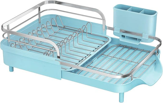 SAYZH Expandable Dish Drying Rack for Small Kitchen Counter, Blue | Stainless Steel, Protective Guardrail, Angled Drainboard, Fits High-Rim Sinks, Removable Utensil Holder by SAYZH