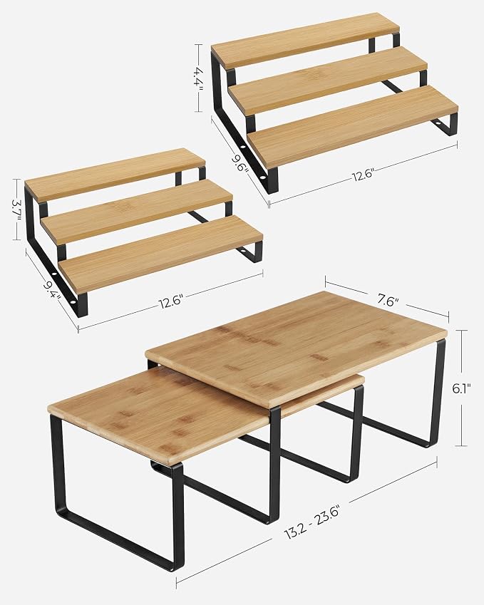 SONGMICS 4 Bamboo Shelf Organizers and 2 Spice Racks Bundle, 2 Sets of Cabinet Organizers, for Kitchen Organization, Natural and Black UKCS10NB and UKCS016N01 - Image 3