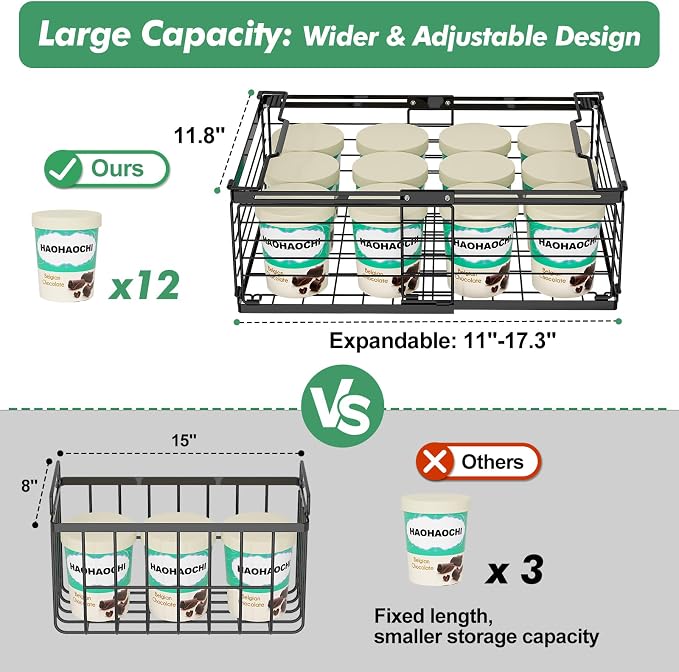 ADRIMER Freezer Organizer Bins, 2 Packs Foldable & Stackable Chest Freezer Organizer Bins with Adjustable Length 11-17.3", Metal Wire Storage Baskets for Upright Freezer, Deep Freezer, Pantry, Black - Image 6