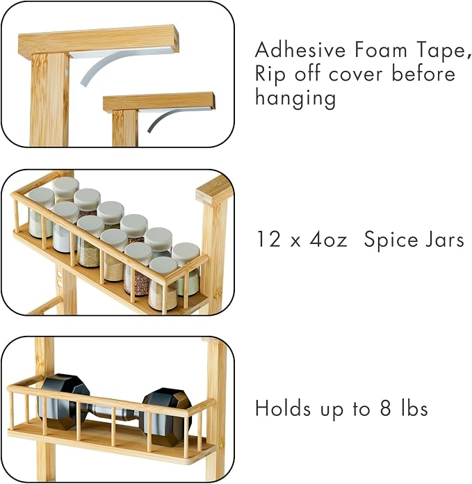 Hanging Spice Rack for Refrigerator - 3 Tier Bamboo Kitchen Counter Shelf Organizer for Can Seasoning Storage, Adhesive to Fridge & Pantry Side - Image 5