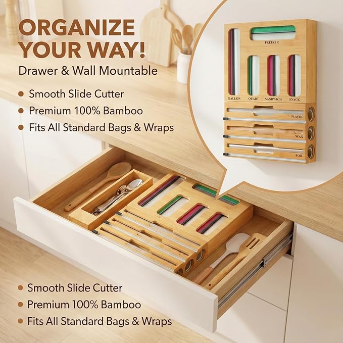 9 in 1 Storage Bag Organizer for Kitchen Drawer, Bamboo Foil and Plastic Wrap with Cutter, Ziplock Bag Organizer for Quart, Gallon, Sandwich & Snack Bags - Image 7