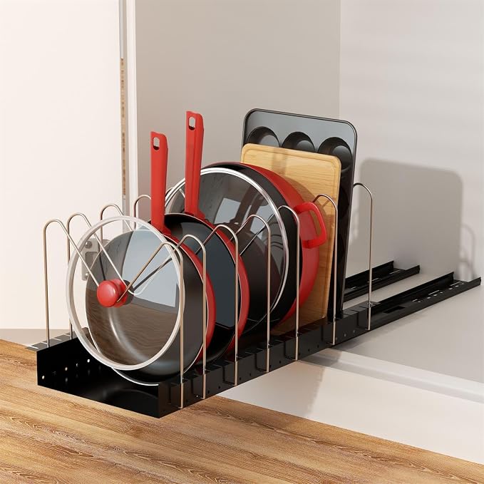 4 Adjustable Dividers Pull Out Pots and Pans Organizers | Optional Dividers Sliding Pot Lid Holder in Kitchen and Slide Out Cabinet Storage of Lids, Bakewares and Pots - Image 5