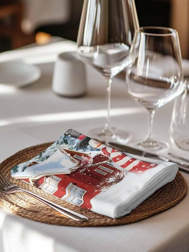 Christmas Snowman Cloth Napkins Set of 8, Farmhouse Xmas Tree Winter Snowflake Dinner Napkins Cloth Washable, Cocktail Napkins Reusable for Wedding, Party, Birthday (20"x20") - Image 3
