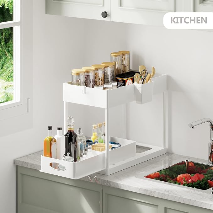 Under Sink Organizers and Storage, Bathroom Cabinet Organizer, Sink Shelf with Utility Hooks and Side Caddy for Under Cabinet Storage | Under Kitchen Sink Organizer with Sliding Drawer, White (1-Pack) - Image 4