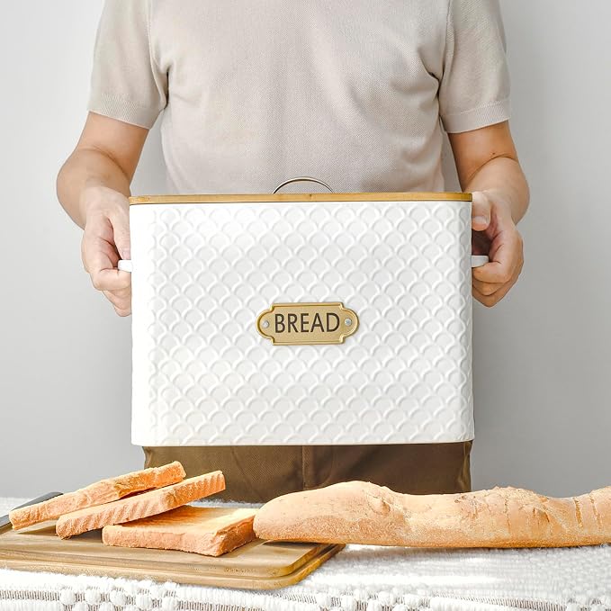 EMAX HOME Extra Large Space Saving Farmhouse Bread Box With Wood Lid - Holds 2 Loaves - Vertical Breadbox Bread Storage Bin Holder for Kitchen Countertop, White - Image 2